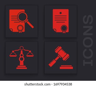Set Judge gavel, Document with search, Certificate template and Scales of justice icon. Vector