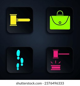 Set Judge gavel, Judge gavel, Footsteps and Briefcase. Black square button. Vector