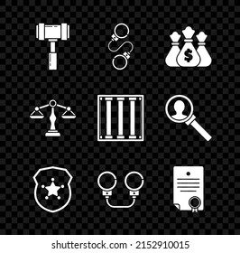 Set Judge gavel, Handcuffs, Money bag, Police badge, Certificate template, Scales of justice and Prison window icon. Vector