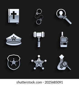 Set Judge gavel, Hexagram sheriff, Money bag and magnifying glass, Walkie talkie, Police badge, cap with cockade, Magnifying for search and Holy bible book icon. Vector