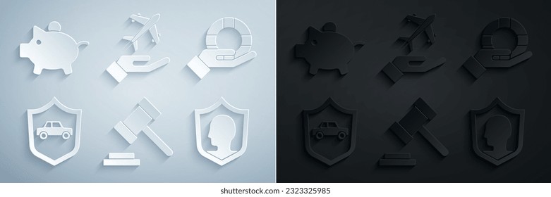 Set Judge gavel, Lifebuoy in hand, Car with shield, insurance, Plane and Piggy bank icon. Vector