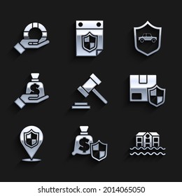 Set Judge gavel, Money with shield, House flood, Delivery security, Location, in hand, Car and Lifebuoy icon. Vector