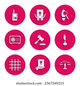 Set Judge gavel, Oath on the Holy Bible, Scales of justice, Feather and inkwell, Prison window, Safe, Magnifying glass with footsteps and Walkie talkie icon. Vector