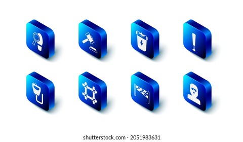 Set Judge gavel, Police electric shocker, Baseball bat, Thief mask, Crime scene, Prison window, Walkie talkie and Footsteps icon. Vector