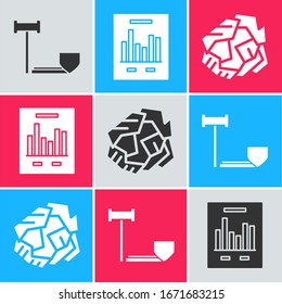 Set Judge gavel with shield, Document with graph chart and Crumpled paper ball icon. Vector