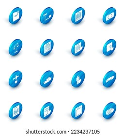 Set Judge gavel with shield, Report file document, Stacks paper money cash, Scales of justice, Plane, Filled form, Safe and Contract icon. Vector