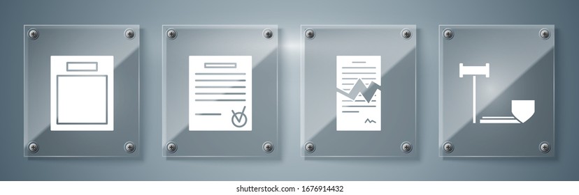 Mit Schild, Torn-Vertrag, bestätigtem Dokument und Häkchen sowie Leer-Formular die Richtermarke festlegen. Viereckige Glasplatten. Vektorillustration