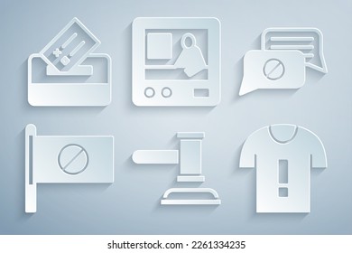 Set Judge gavel, Speech bubble chat, Protest, T-shirt protest, Television report and Vote box icon. Vector
