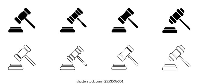 Set of judge gavels icons.
Auction hammer icons for web and mobile applications.
Vector illustration. 