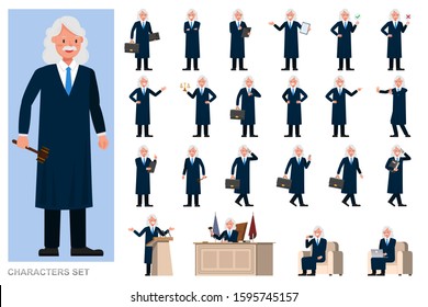 Set of Judge Man character vector design. Presentation in various action with emotions, running, standing and walking. 