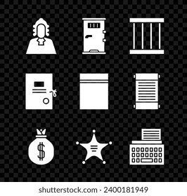 Fijar Juez, Puerta de la Celda de la Prisión, ventana, Bolsa de Dinero, Alguacil de Hexagram, Máquina Retro, Papel de la Demanda y Plástico con icono de ziplock. Vector