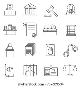 Set of judge Related Vector Line Icons. Includes such Icons as the judge, justice, Prosecutor, lawyer, police, thief and etc.