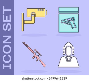 Juez de conjunto, cámara de seguridad, rifle de francotirador con alcance e icono de bolsa de evidencia y pistola o pistola. Vector