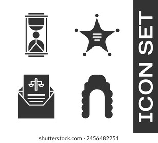 Set Judge wig, Old hourglass with sand, Subpoena and Hexagram sheriff icon. Vector