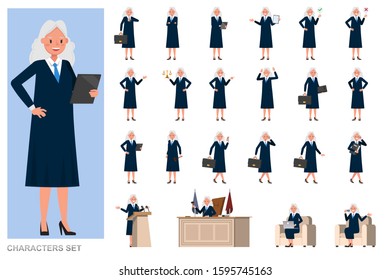 Set of Judge woman character vector design. Presentation in various action with emotions, running, standing and walking.