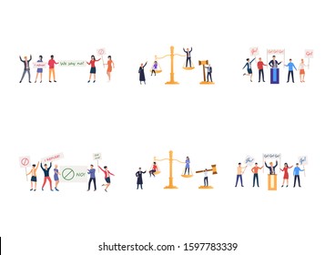Set of judgement and meetings. Flat vector illustrations of activists holding protest placards, people on justice scales. Activism, democracy concept for banner, website design or landing web page