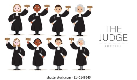 Set of The Judges Cartoon Character White and Dark Skinned Collection Design with Hold the hammer for Judge and Justice.