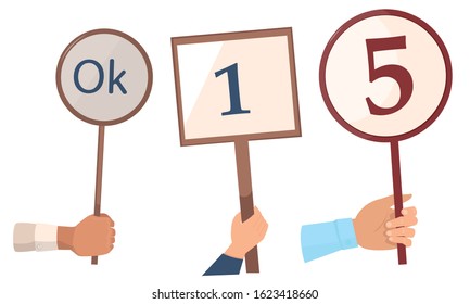 Set of judges hands with marks and scores vector illustration