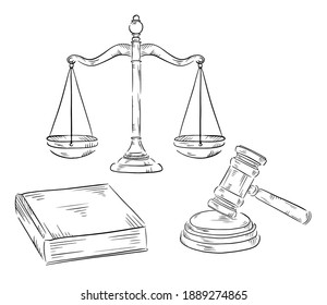 Set of judge's scales, book and gavel. A symbol of justice and equality. Vector black hand hand drawn sketch illustration isolated on white background.