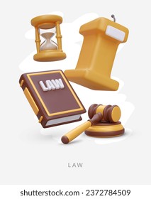 Set of judicial system symbols. 3D tribune with microphone, hourglass, law book, judges gavel. Vector composition in vertical format. Space for text below