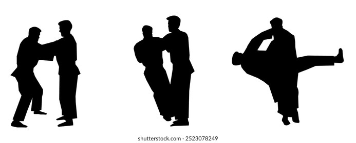 Set of Judo men Silhouettes isolated white background. Vector Illustration