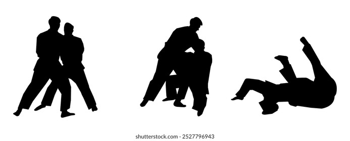 Set of Judo men Silhouettes isolated white background. Vector illustration.