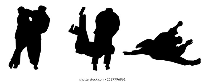 Set of Judo men Silhouettes isolated white background. Vector illustration.