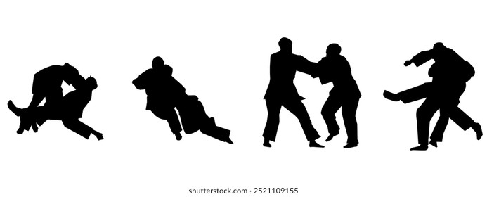 Conjunto de silhuetas vetoriais de Judô sobre fundo branco. Várias poses diferentes. Artes marciais, esportes. Ilustração gráfica.