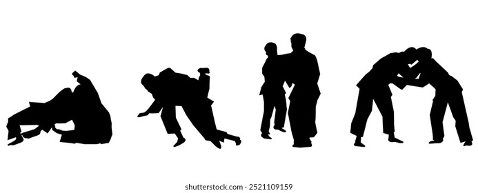 Set of Judo vector silhouettes on white background. Various different poses. Martial arts, Sports. Graphic illustration.