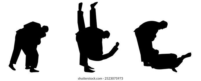 Conjunto de silhuetas vetoriais de Judô sobre fundo branco. Diferentes movimentos de pose. Artes marciais, jiu jitsu, esportes. Ilustração gráfica.