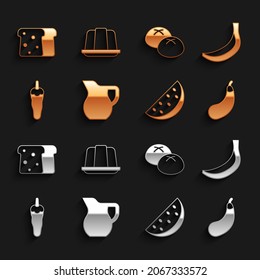 Set Jug glass with milk, Banana, Eggplant, Watermelon, Hot chili pepper, Bread loaf, toast and Jelly cake icon. Vector