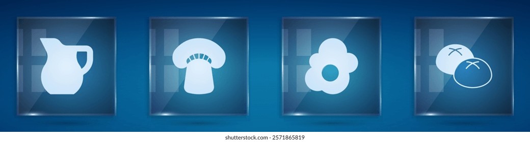 Set Jug glass with milk, Mushroom, Scrambled egg and Bread loaf. Square glass panels. Vector