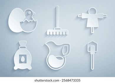 Set Jug glass with milk, Scarecrow, Pack full of seeds of plant, Shovel, Garden rake and Little chick in cracked egg icon. Vector