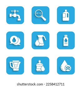 Set Jug glass with water, Big bottle clean, Recycle aqua, Bottle of, Water jug filter, drop speech bubbles,  and tap icon. Vector