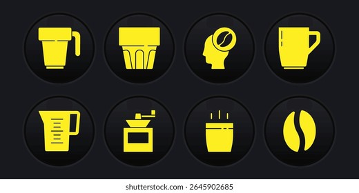 Set Jug glass with water, Coffee cup, Manual coffee grinder, Barista, Glass, beans and  icon. Vector