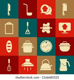 Set Jug glass with water, Cooking pot, Chef hat location, speech bubble, Spatula, Cutting board, Knife and Rolling pin dough icon. Vector