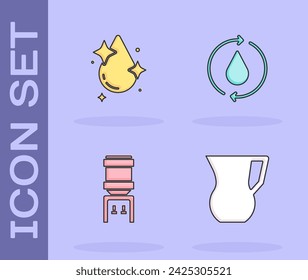 Set Jarra de vidrio con agua, gota de agua, refrigerador y reciclar limpio aqua icono. Vector