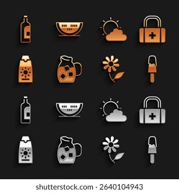 Set Jug glass with water, First aid kit, Ice cream, Flower, Sunscreen in tube, and cloud weather, Bottle of wine and Watermelon icon. Vector