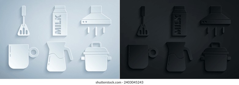 Set Jug glass with water, Kitchen extractor fan, Coffee cup, Cooking pot, Paper package for milk and Spatula icon. Vector