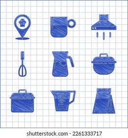 Set Jug glass with water, Measuring cup, Bag of coffee beans, Cooking pot, Kitchen whisk, extractor fan and Chef hat location icon. Vector