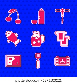 Set Jug glass with water, Spatula, Portable video game console, Bread toast, Folded map, Fish, Wine corkscrew and Cherry icon. Vector