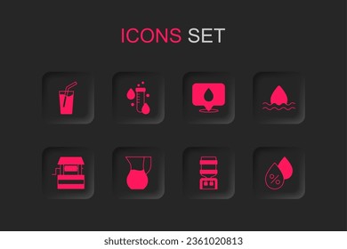 Set Jug glass with water, Test tube drop, Glass, Water cooler, percentage, location and Well icon. Vector