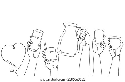 Set of jug and hands holding different glasses with non-alcoholic summer drinks. Vector Background. One line drawing style.