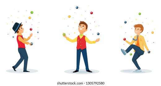 Set of jugglers perform a circus trick. Artist jugging rings,maces and balls.Circus performer.Vector illustration. Cartoon flat style.