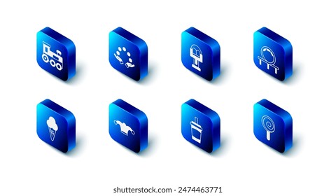 Set Juggling ball, Attraction carousel, Roller coaster, Lollipop, Paper glass with water, Jester hat bells, Ice cream waffle cone and Toy train icon. Vector