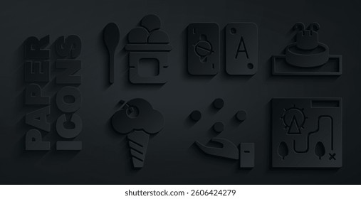 Set Juggling ball, Fountain, Ice cream waffle cone, Amusement park map, Tarot cards and bowl icon. Vector