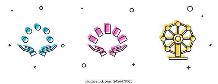 Set Juggling ball, Hand holding playing cards and Ferris wheel icon. Vector