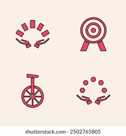 Set Juggling ball, Hand holding playing cards, Target and Unicycle or one wheel bicycle icon. Vector