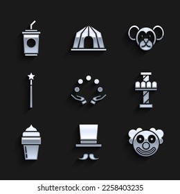 Set Juggling ball, Magician, Clown head, Attraction carousel, Ice cream, wand, Monkey and Paper glass with water icon. Vector