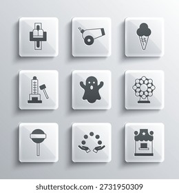 Set Juggling ball, Ticket box office, Ferris wheel, Ghost, Lollipop, Striker attraction with hammer, Attraction carousel and Ice cream waffle cone icon. Vector